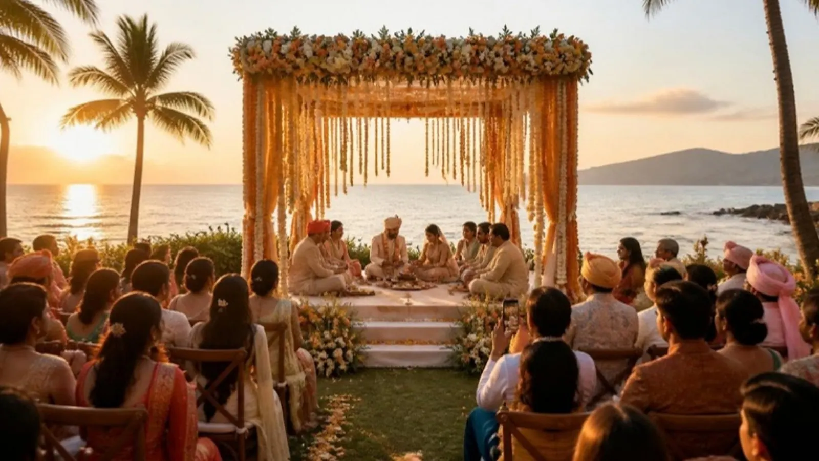 Beachfront mandap at sunset with floral arch