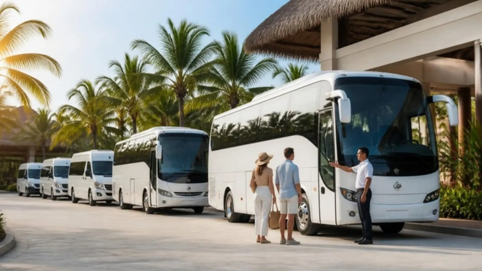 Delegates boarding branded coaches at an airport