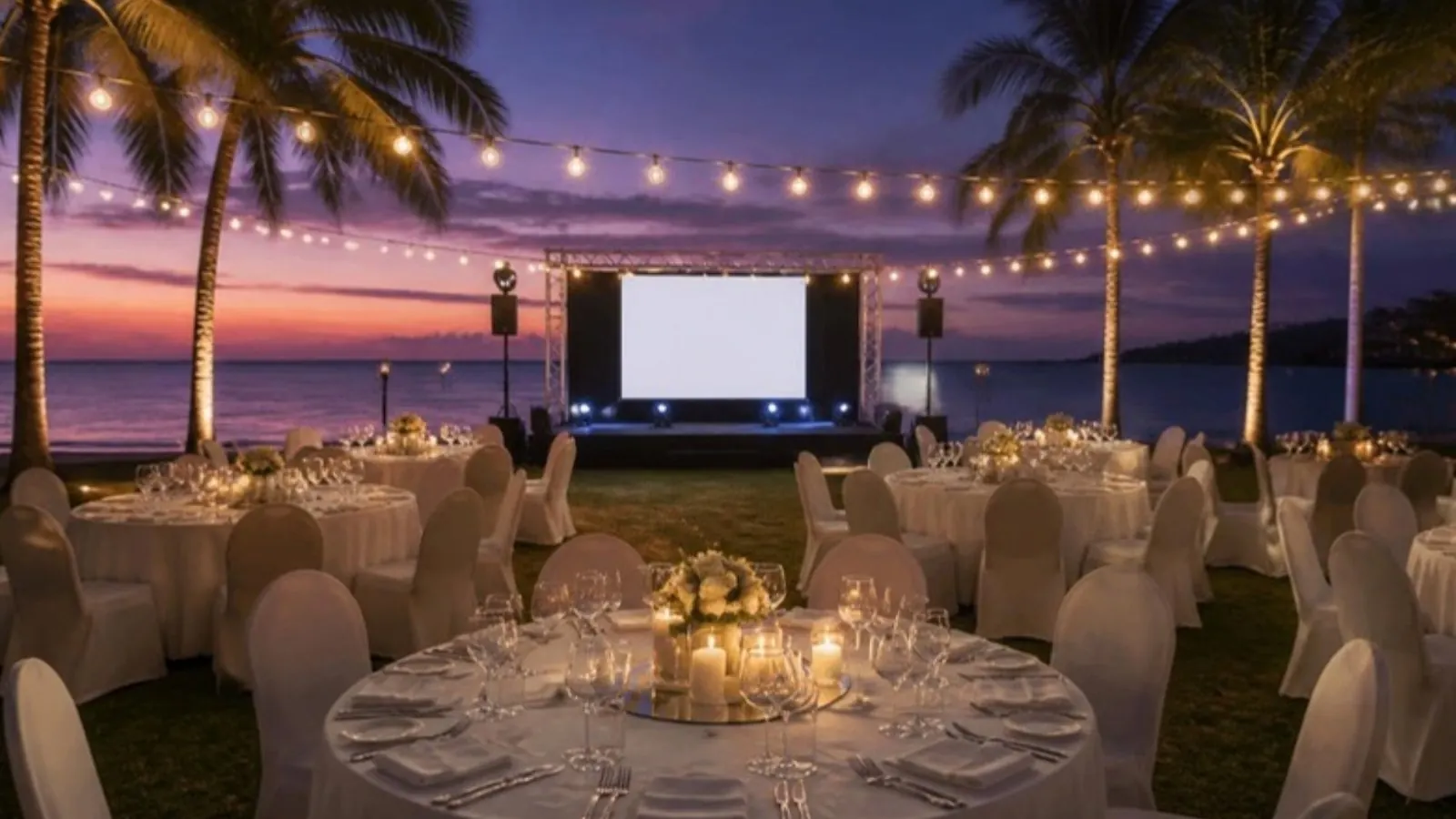 Gala dinner setup on a beachfront lawn