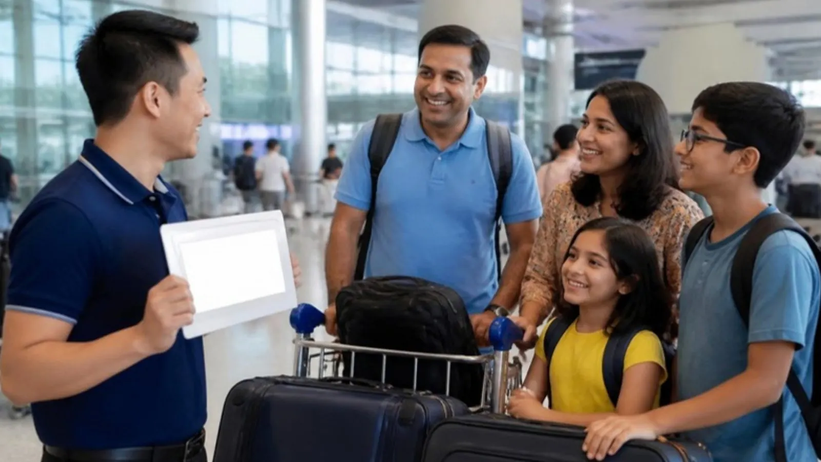 Guide welcoming guests at airport arrivals with paging board