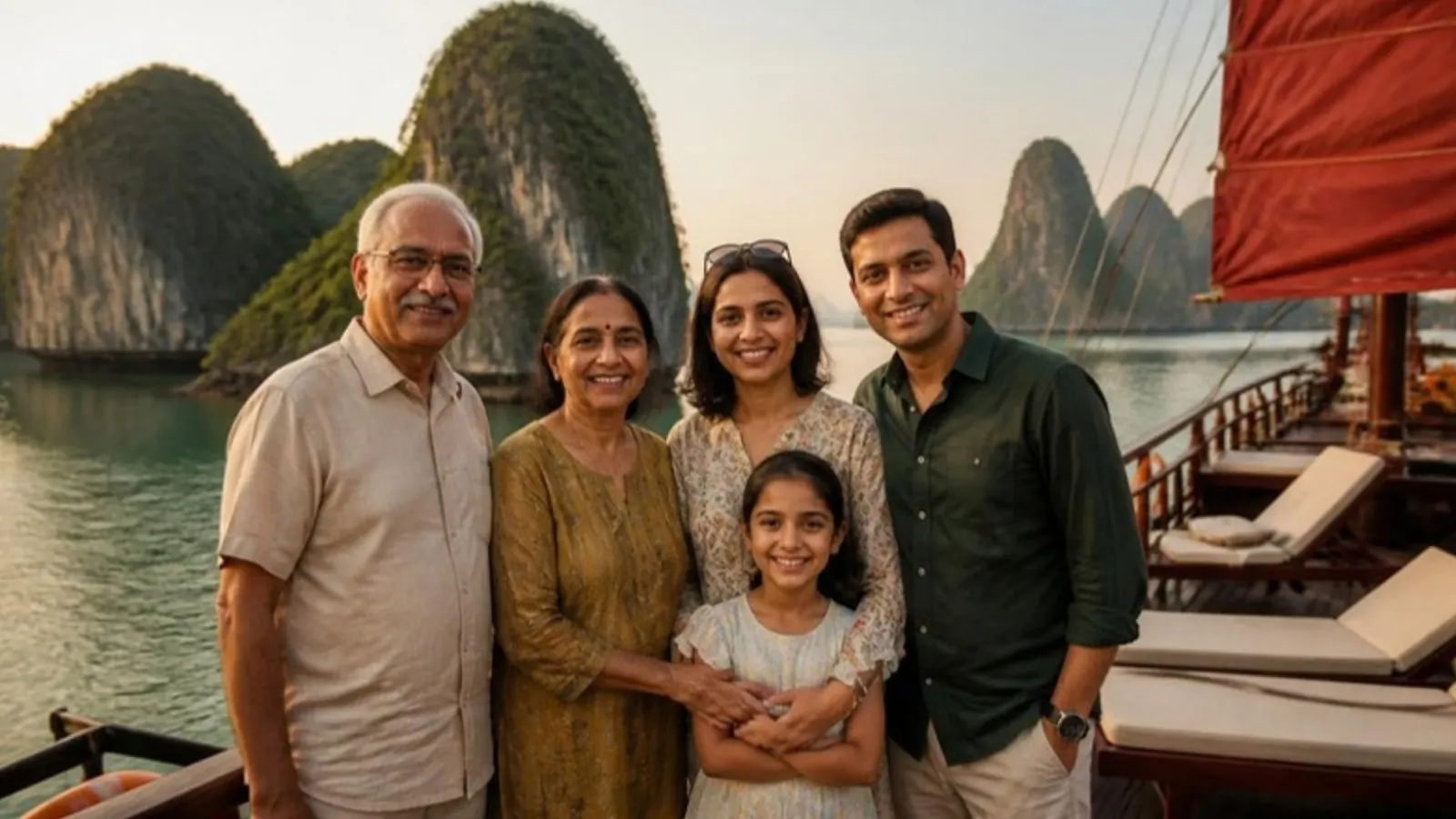 Indian family on a Ha Long Bay cruise deck among limestone karsts at golden hour, Vietnam