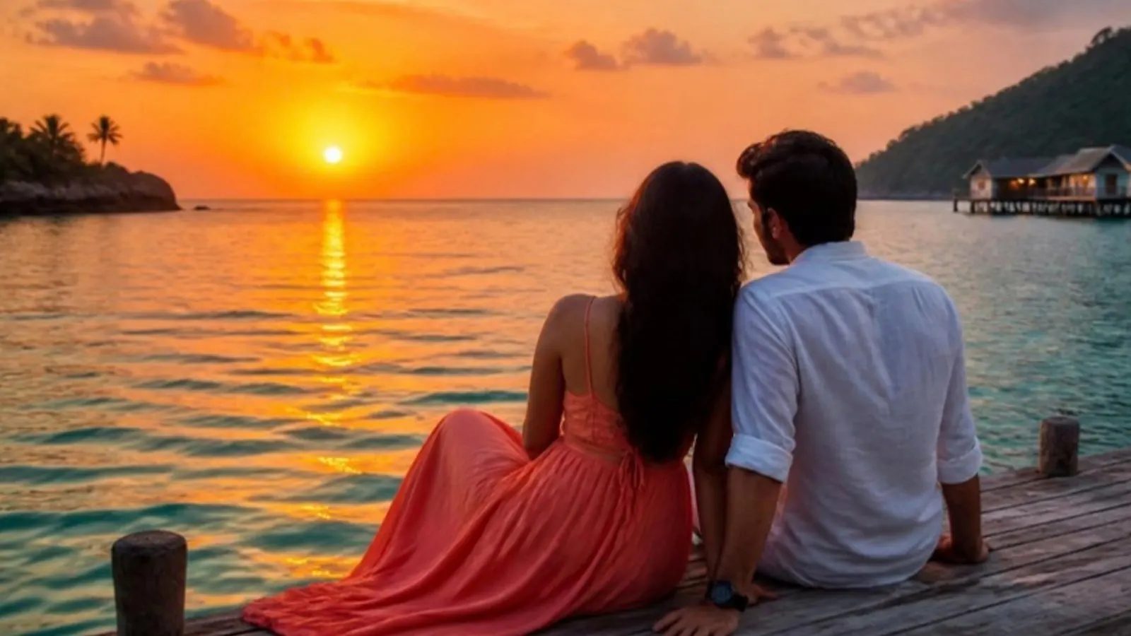 Indian honeymoon couple watching sunset over the sea at Phu Quoc island, Vietnam
