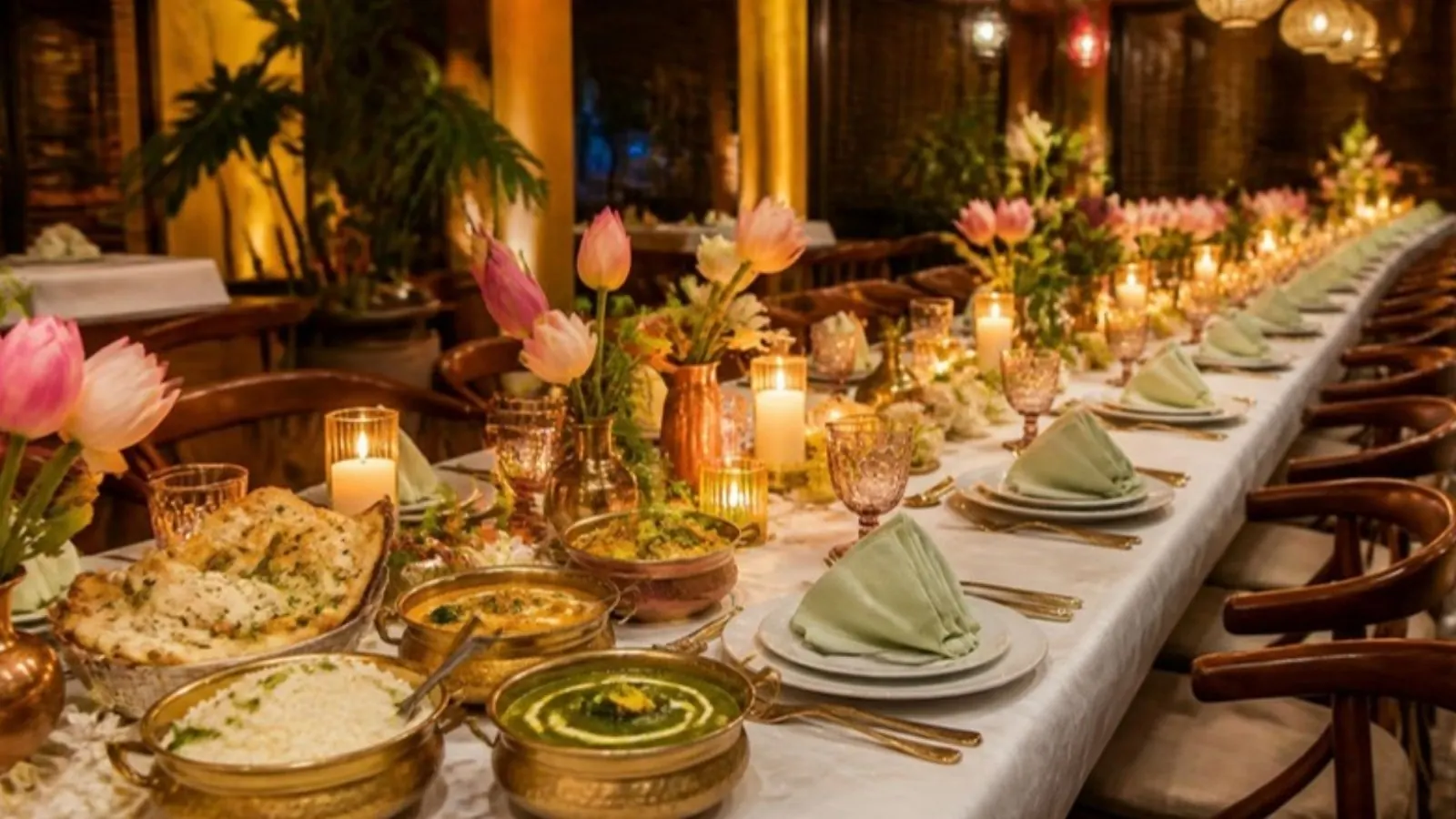 Long banquet table dressed for a group dinner
