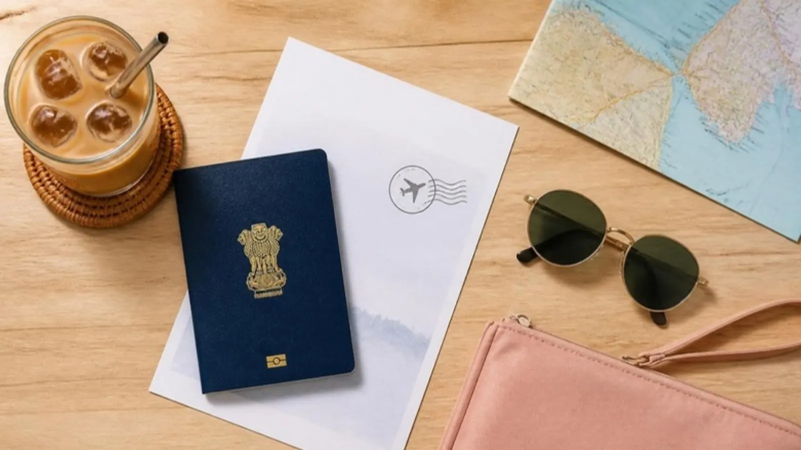 Passport and boarding pass on a departure counter