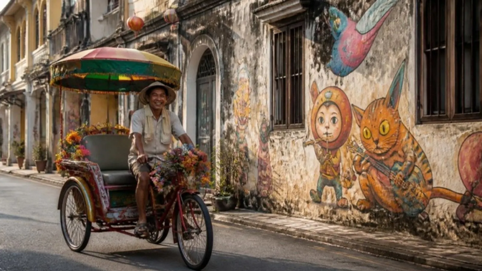 Trishaw passing George Town street murals